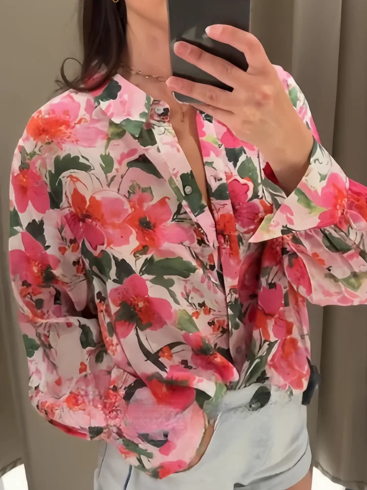 Dam Blommig Topp Avslappnad 100% Bomull-3