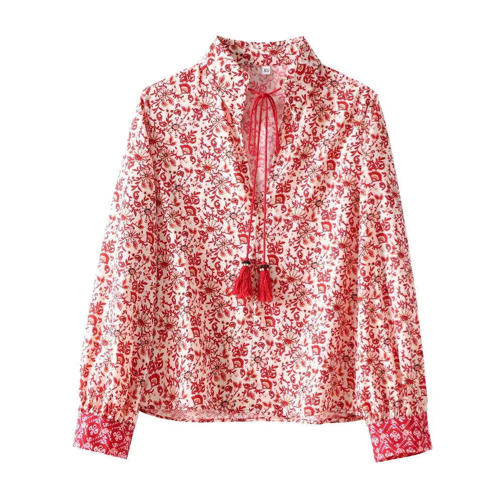 Dam Skjorta Löst Sittande Tryckt 100% Bomull-2