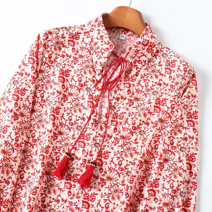 Dam Skjorta Löst Sittande Tryckt 100% Bomull-6