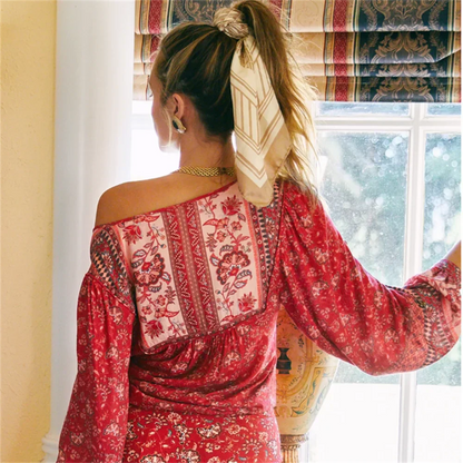 Dam Skjorta Långärmad Tryckt V-Ringning 100% Bomull-4