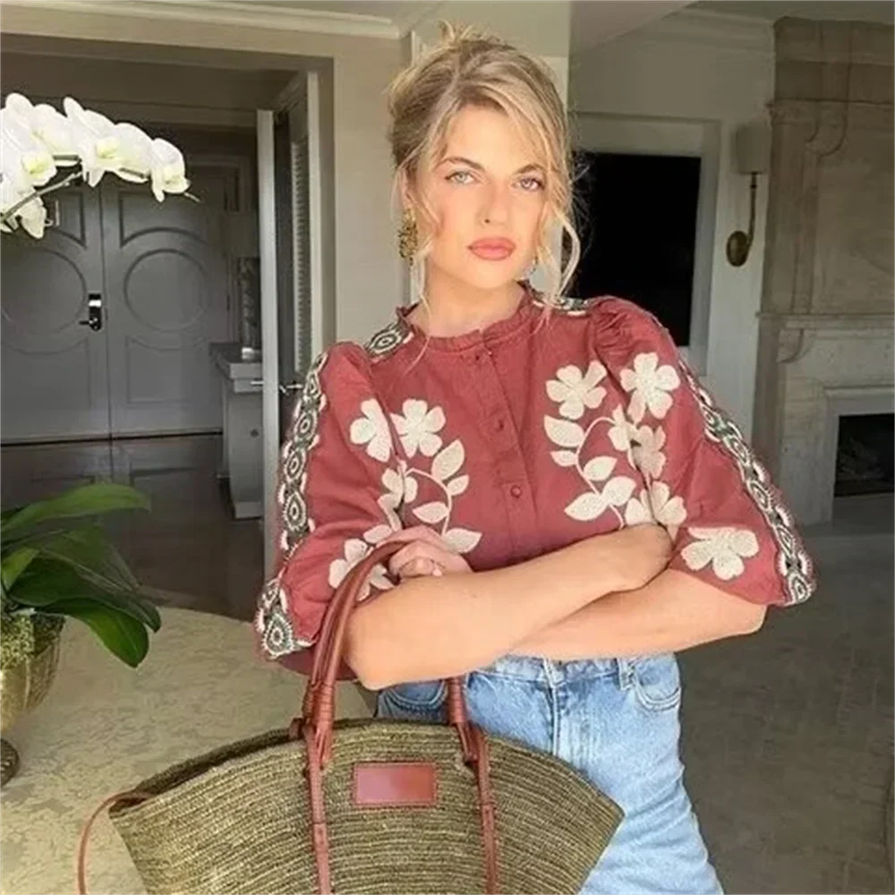 Dam T-Shirt Blommig Avslappnad Bomull-4