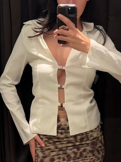 Dam Skjorta V-ringning Enfärgad Polyester-2