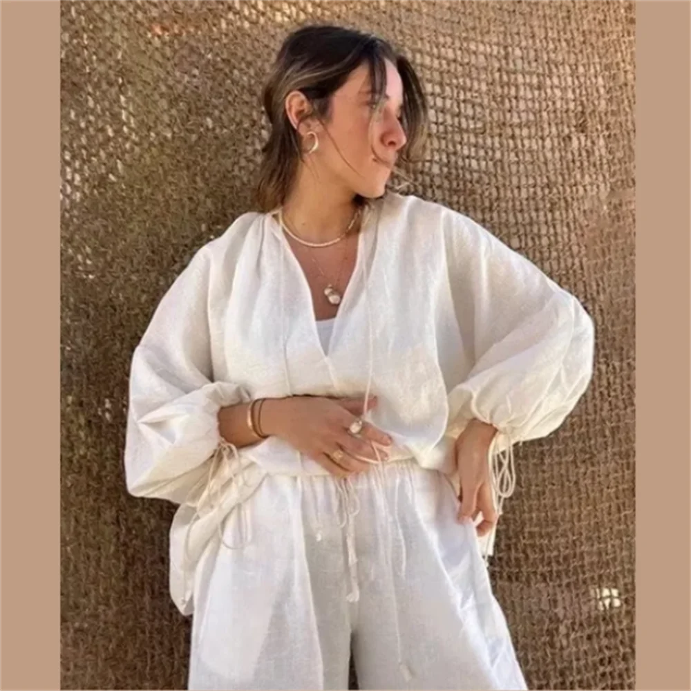 Dam Casual Set V-ringad Skjorta Shorts Bomull-2