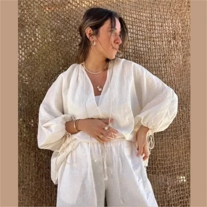 Dam Casual Set V-ringad Skjorta Shorts Bomull-2