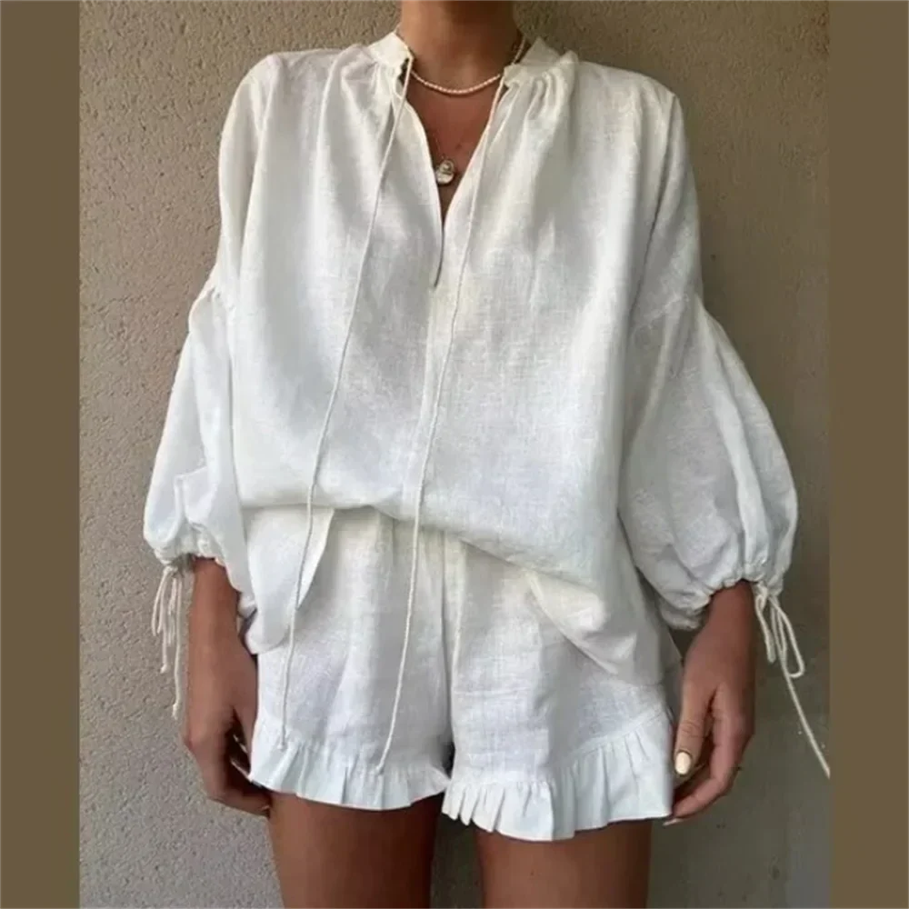 Dam Casual Set V-ringad Skjorta Shorts Bomull-5