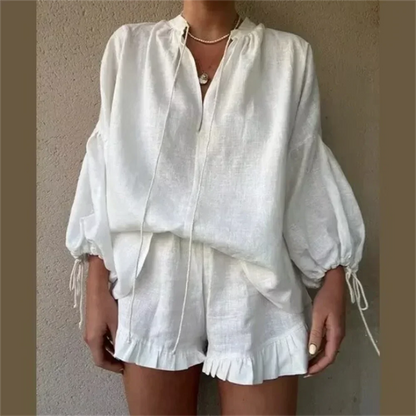 Dam Casual Set V-ringad Skjorta Shorts Bomull-5