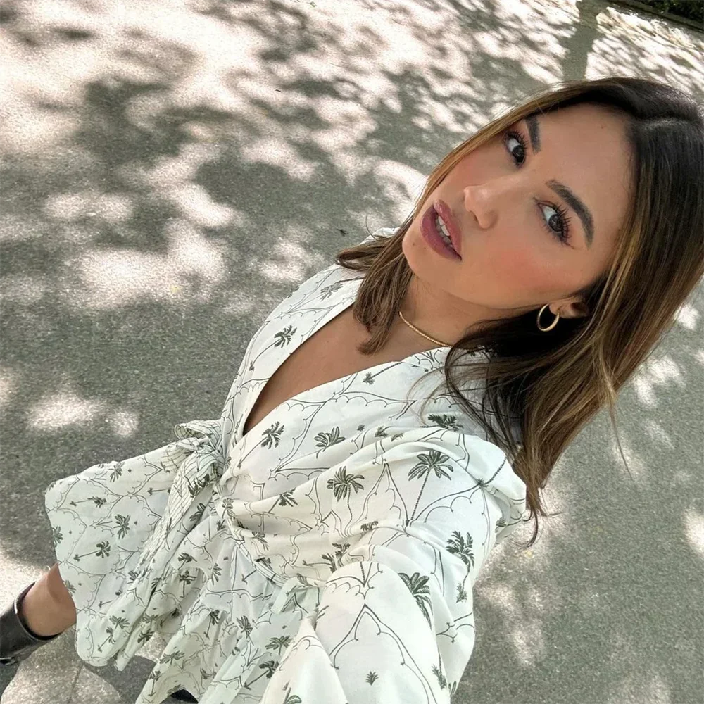 Dam Festtoppar V-ringad Tryckt Bomull-4