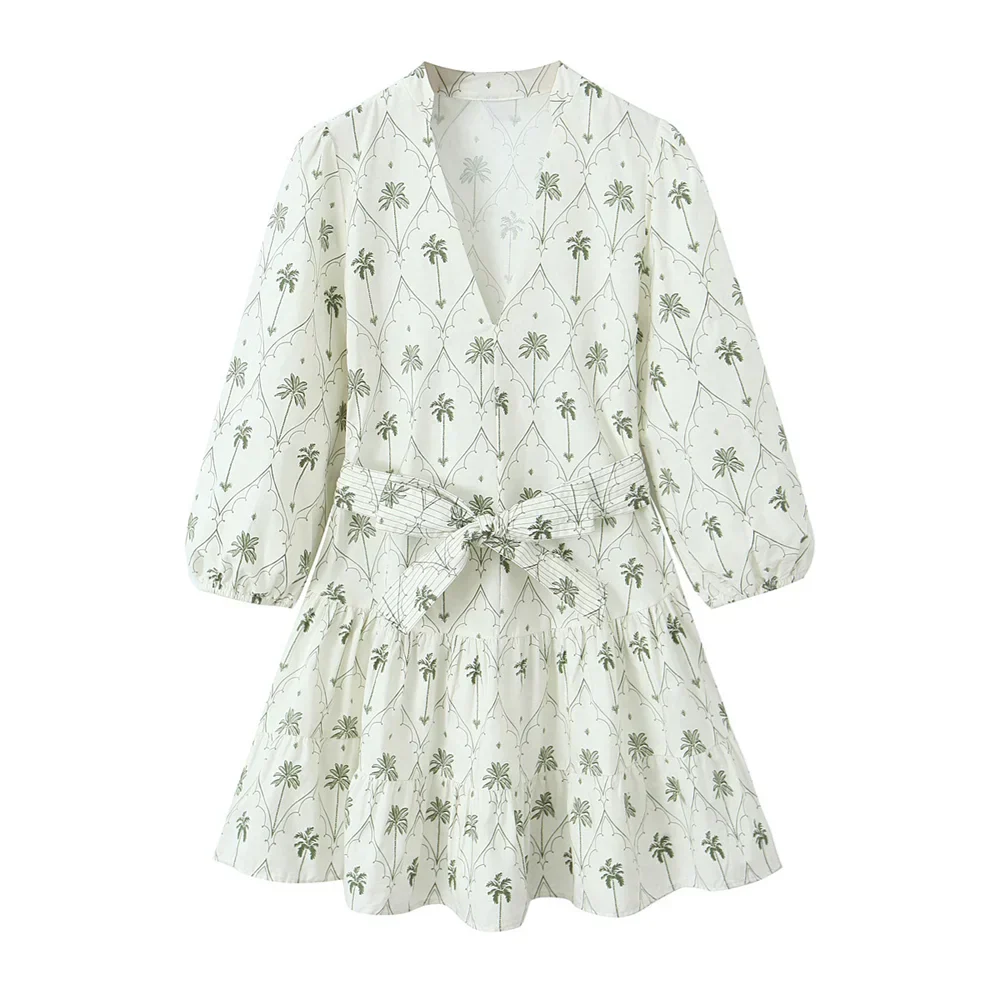 Dam Festtoppar V-ringad Tryckt Bomull-5