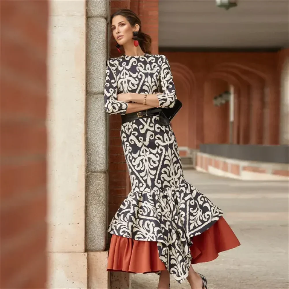 Kvinnors Lång Klänning Tryckt Polyester-3