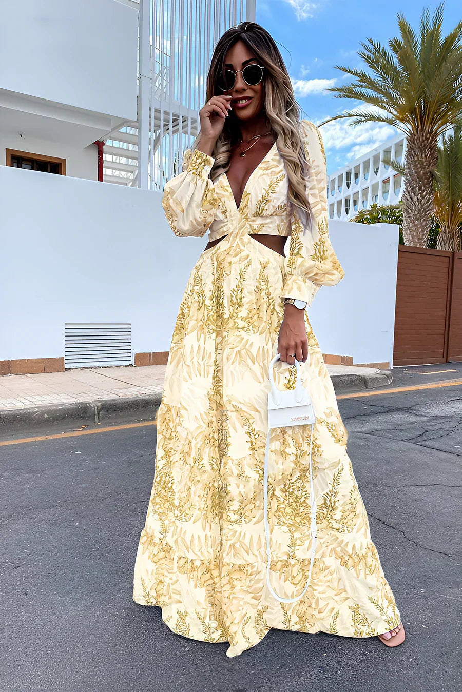 Fina Dam Klänningar Långärmad V-hals Mönstrad Lätt Material-3