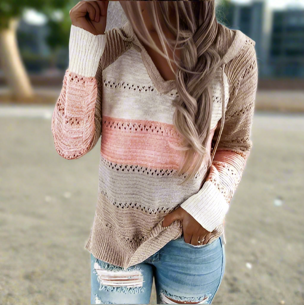 Variant image for Stickad Dam Tröja Randdesign i Kashmir för Höst och Vinter-1