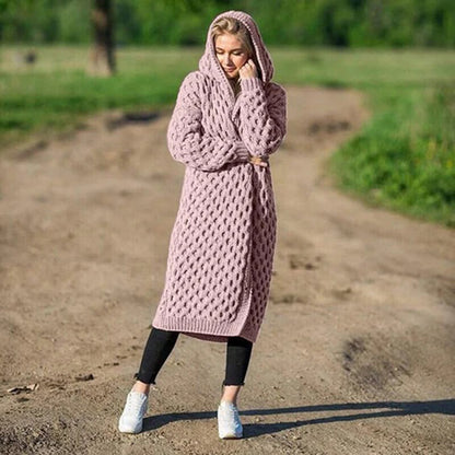 Lång Kofta Dam med Huva och Strukturerat Mönster i Polyester 7