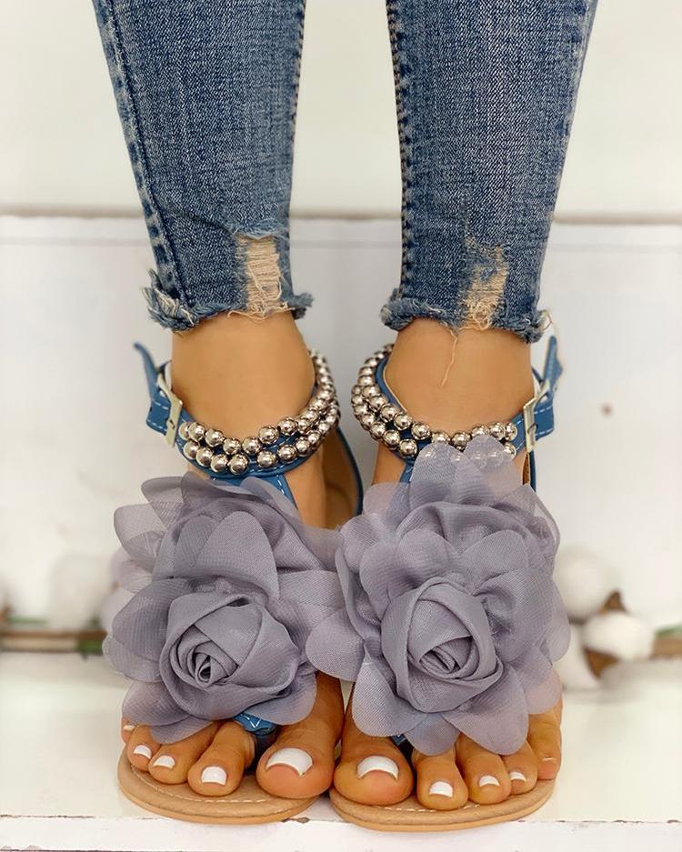 Dam Sandaler T-Strap Syntetiskt Material med Blommatremmar-5