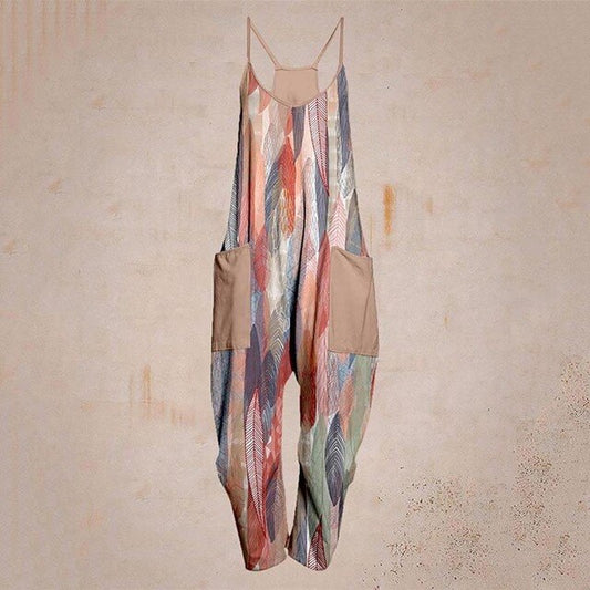 Dam Jumpsuit med Geometrisk Design, Justerbara Bärremmar, Lätt Tyg - Perfekt för Alla Tillfällen 1