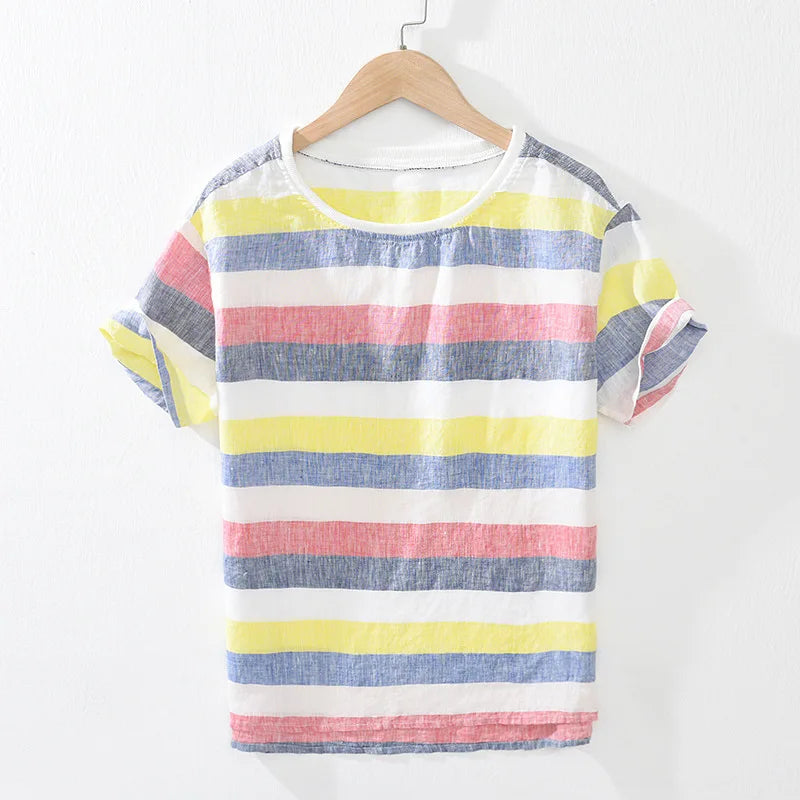 Herr T-shirt Randig Linne Kortärmad Avslappnad 2
