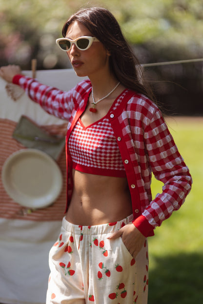 Dam Cardigan Vichy Mönster i 100% Bomull med Pärlknappar – Lätt och Luftig Design, S/M 1