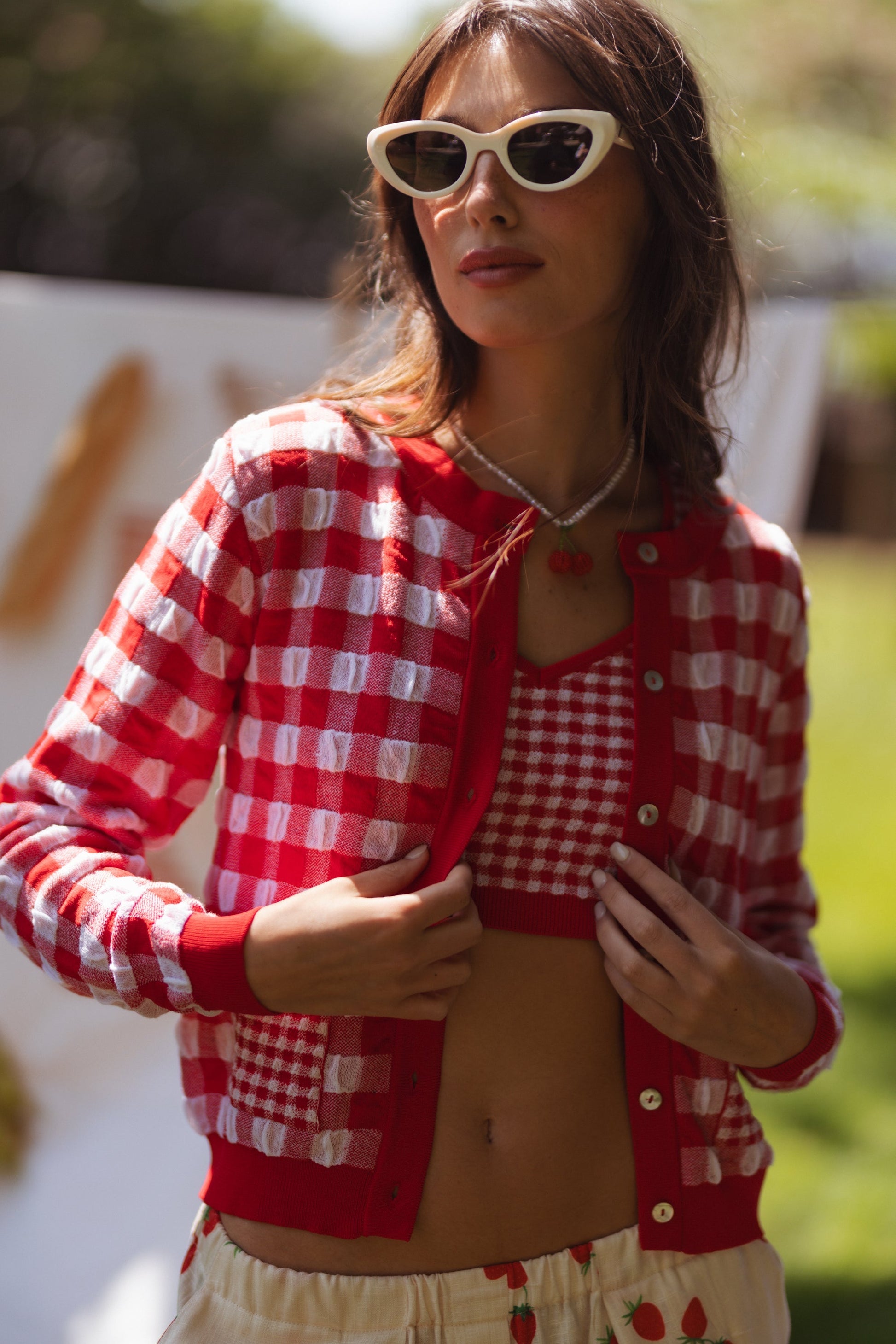 Dam Cardigan Vichy Mönster i 100% Bomull med Pärlknappar – Lätt och Luftig Design, S/M 4