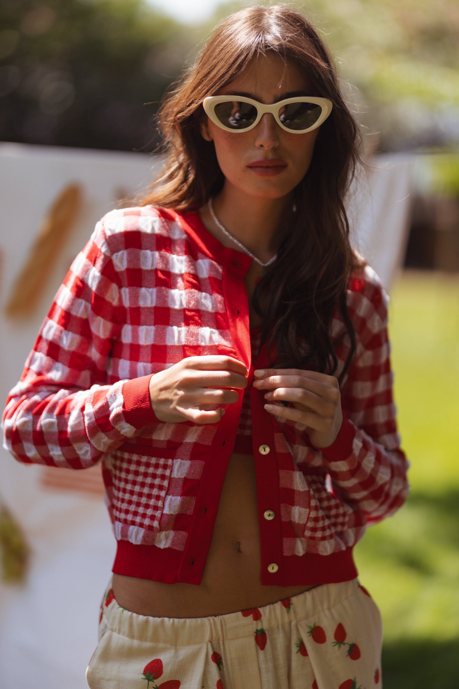 Dam Cardigan Vichy Mönster i 100% Bomull med Pärlknappar – Lätt och Luftig Design, S/M 5