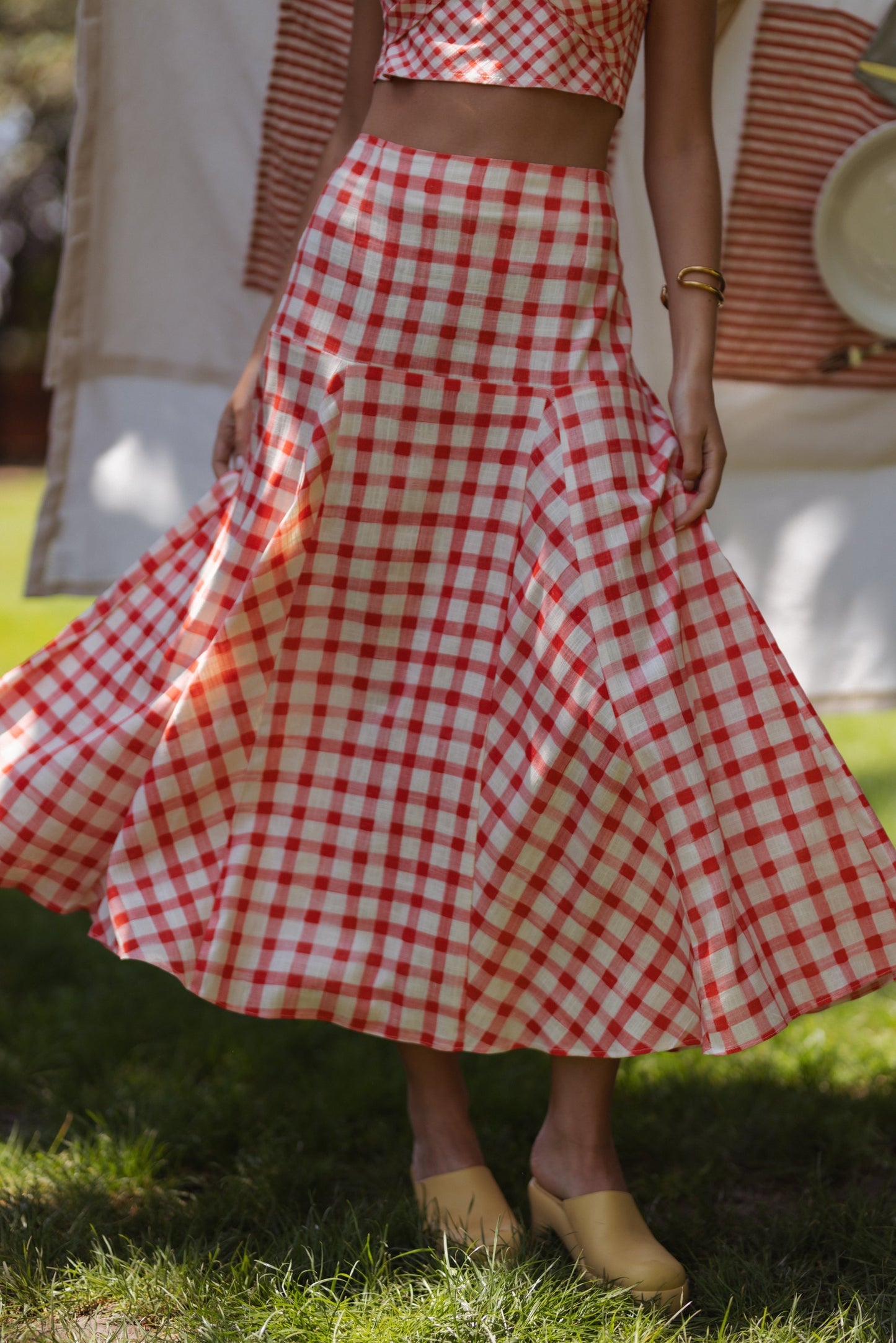 Kjol Dam Hög Midja Retro Vichy 77% Viskos 23% Linne-3