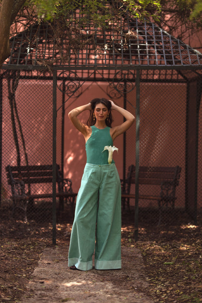 Snygga Byxor Dam Hög Midja Bred Benkant 100% Bomull-2