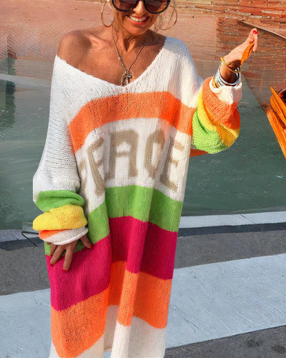 Dam Stickad Tröja Regnbåge Mjuk Bomull-3