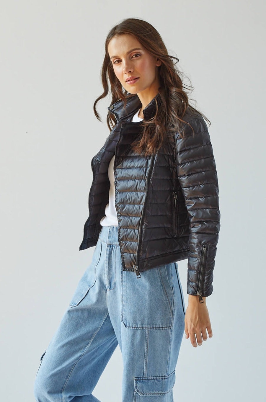 Kvinnor Kort Dunjacka Med Dragkedja och Fickor Nylon Vadderad-2