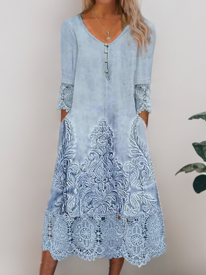 Dam Vintage Sommarklänning med Spetsdetaljer i Andningsbart Tyg-1