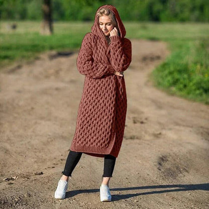 Lång Kofta Dam med Huva och Strukturerat Mönster i Polyester 3