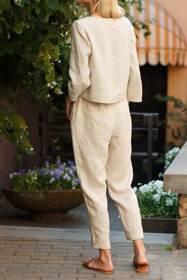 Kvinnors Tvådelad Uppsättning Kort Blus och Byxor i Högkvalitetslinne-2