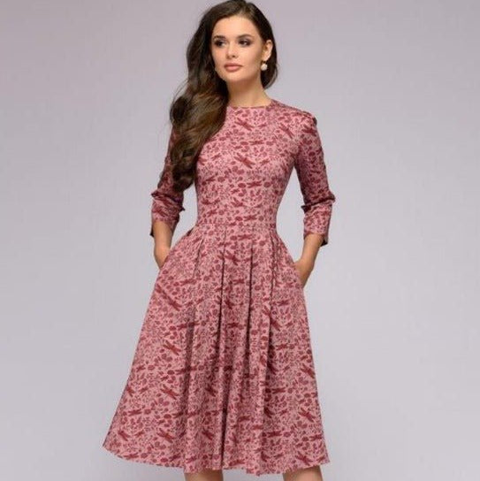 Variant image for Kvinnors Midi Klänning Vintage Blommönster Mjuk Tyg-11