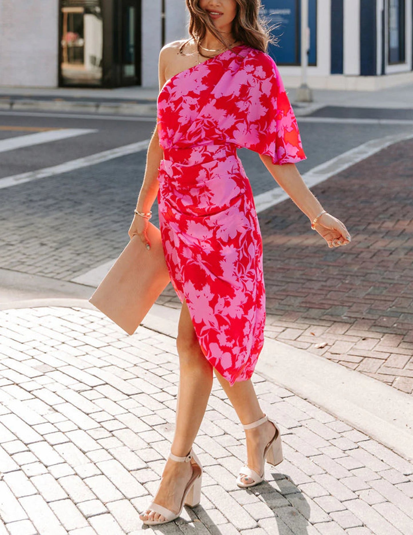 Kvinnors En-axlad Klänning Blommotiv Högkvalitativt Tyg 2