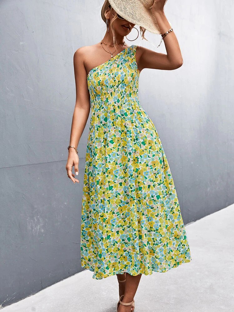 Damen Blumenkleid Langer Einschulter Polyester-2