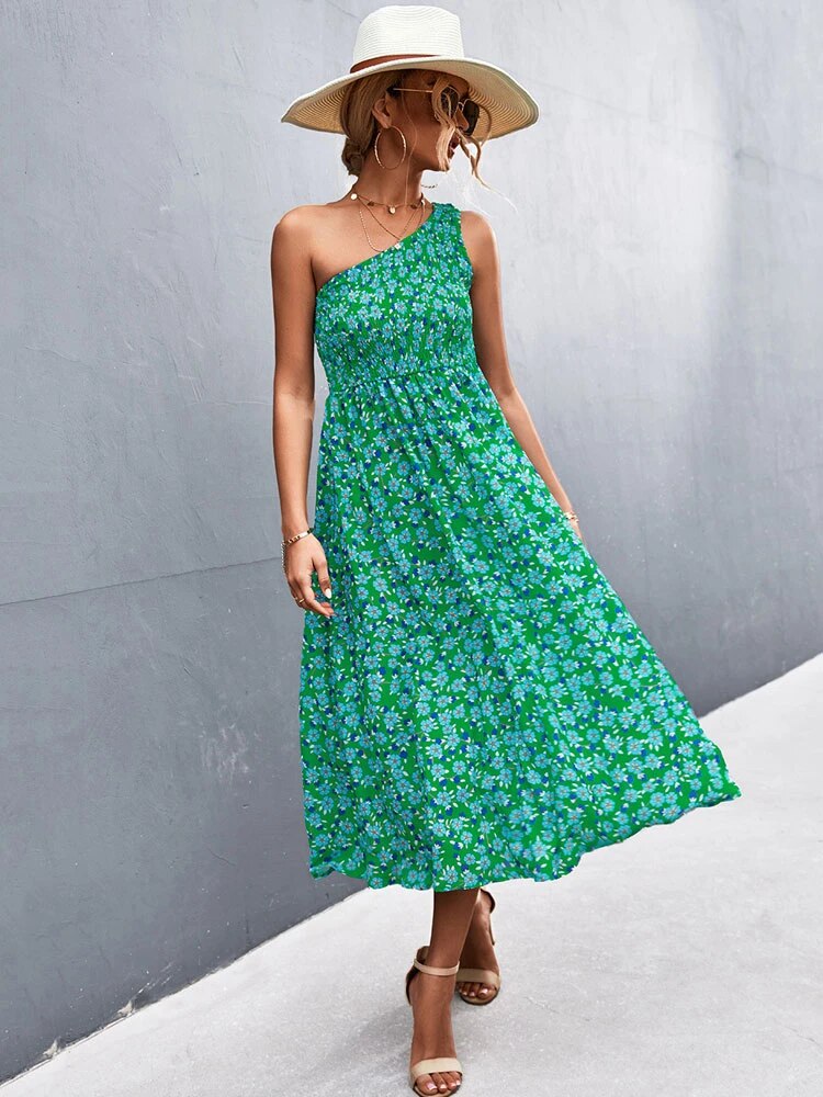 Variant image for Damen Blumenkleid Langer Einschulter Polyester-9