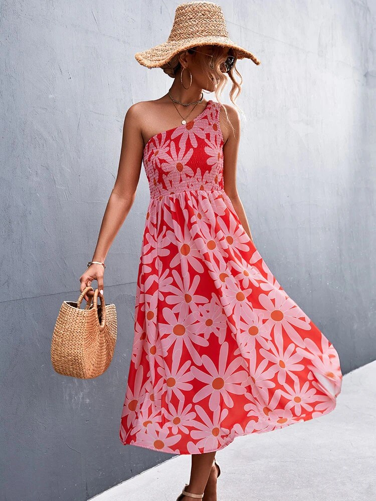 Variant image for Damen Blumenkleid Langer Einschulter Polyester-13