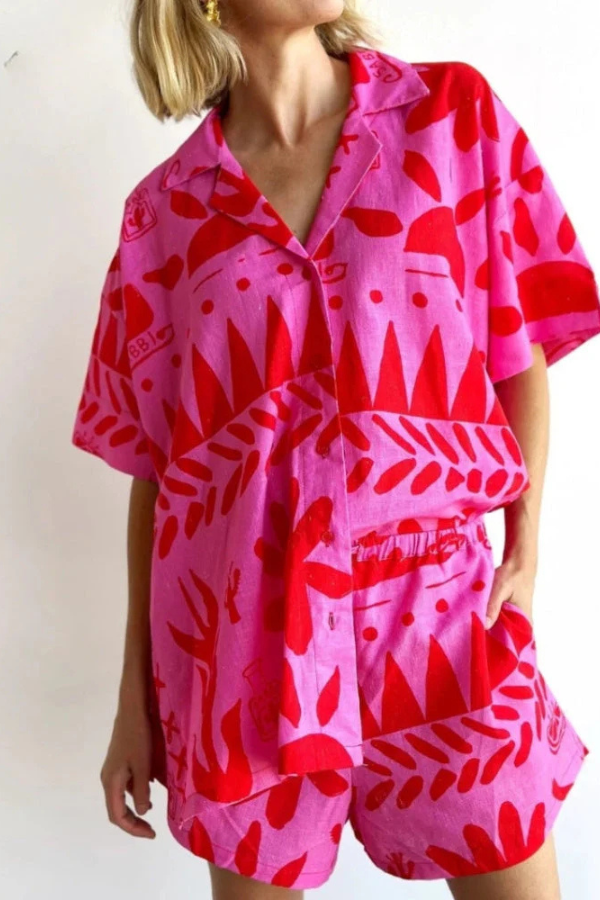 Dam Tropical Set Avslappnad Skjorta och Shorts 100% Bomull-2