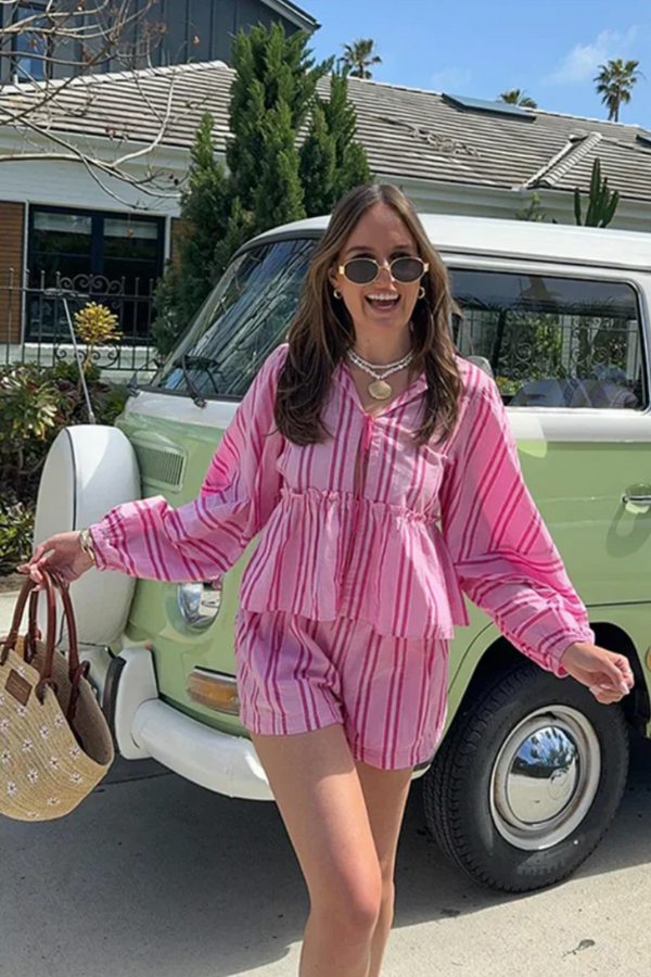 Variant image for Dam Blusuppsättning med Blommande Ärmar och Högskjutna Shorts i 100% Bomull-5