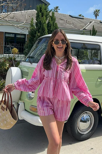 Variant image for Dam Blusuppsättning med Blommande Ärmar och Högskjutna Shorts i 100% Bomull-5