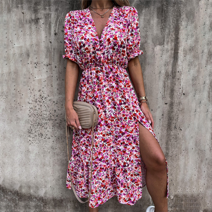 Blommönstrad Midi Klänning med Sidoslitsar för Kvinnor – Polyester, Lätt och Luftig Passform, S-M-L-XL 10