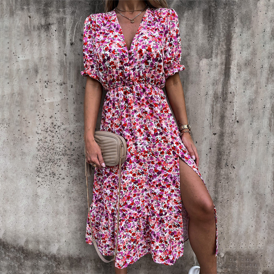 Blommönstrad Midi Klänning med Sidoslitsar för Kvinnor – Polyester, Lätt och Luftig Passform, S-M-L-XL 4