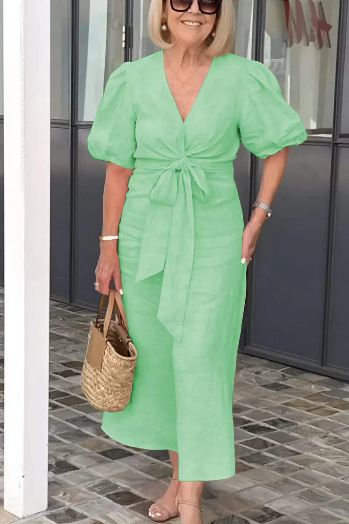 Damklänning V-hals Puffärmar Bomull Fina Dam Klänningar 4