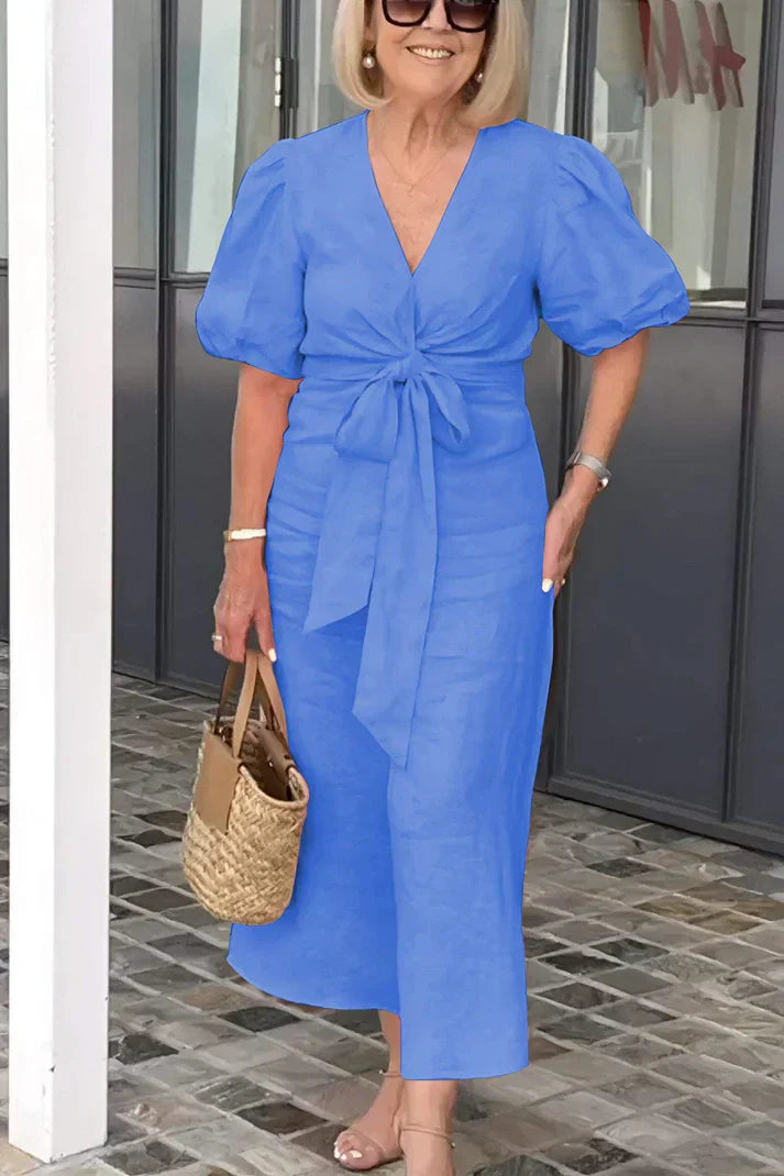 Damklänning V-hals Puffärmar Bomull Fina Dam Klänningar 3