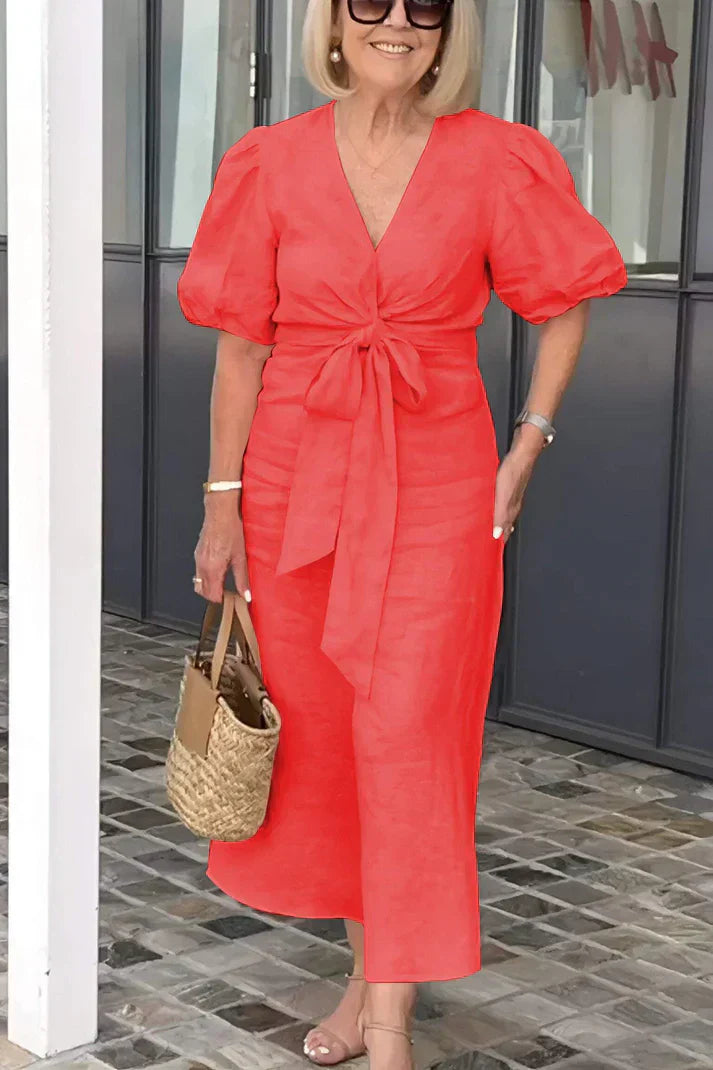 Damklänning V-hals Puffärmar Bomull Fina Dam Klänningar 8