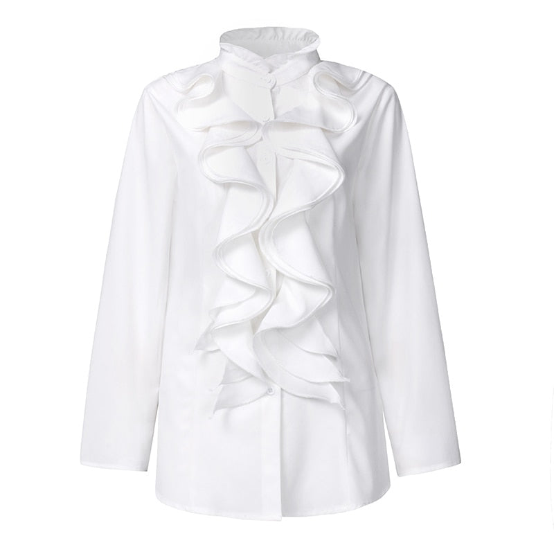 Vit Dam Blus Ruffled Polyester med Stand-Up Krage-3