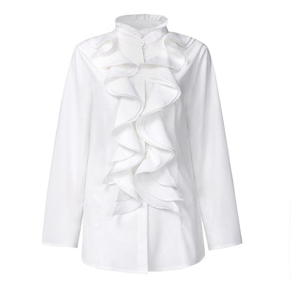 Vit Dam Blus Ruffled Polyester med Stand-Up Krage-3