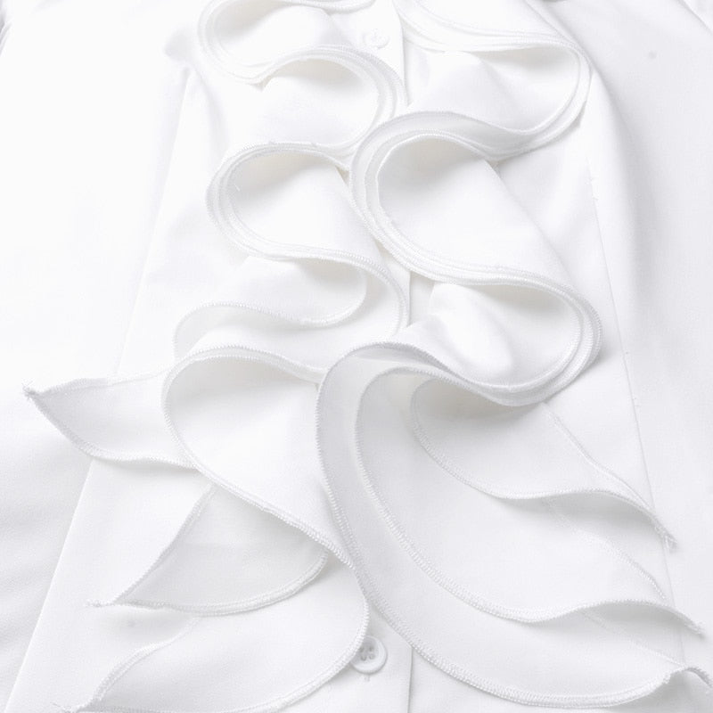 Vit Dam Blus Ruffled Polyester med Stand-Up Krage-4