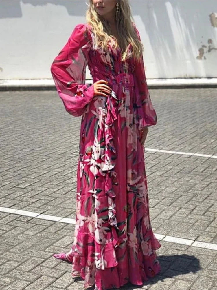 Dam Långärmad Klänning V-hals Högt Förbund-2