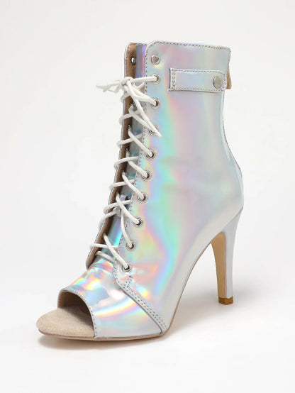 Damstövlar Mid-Calf Läder med Glittrande Detaljer och Hög Häl-5