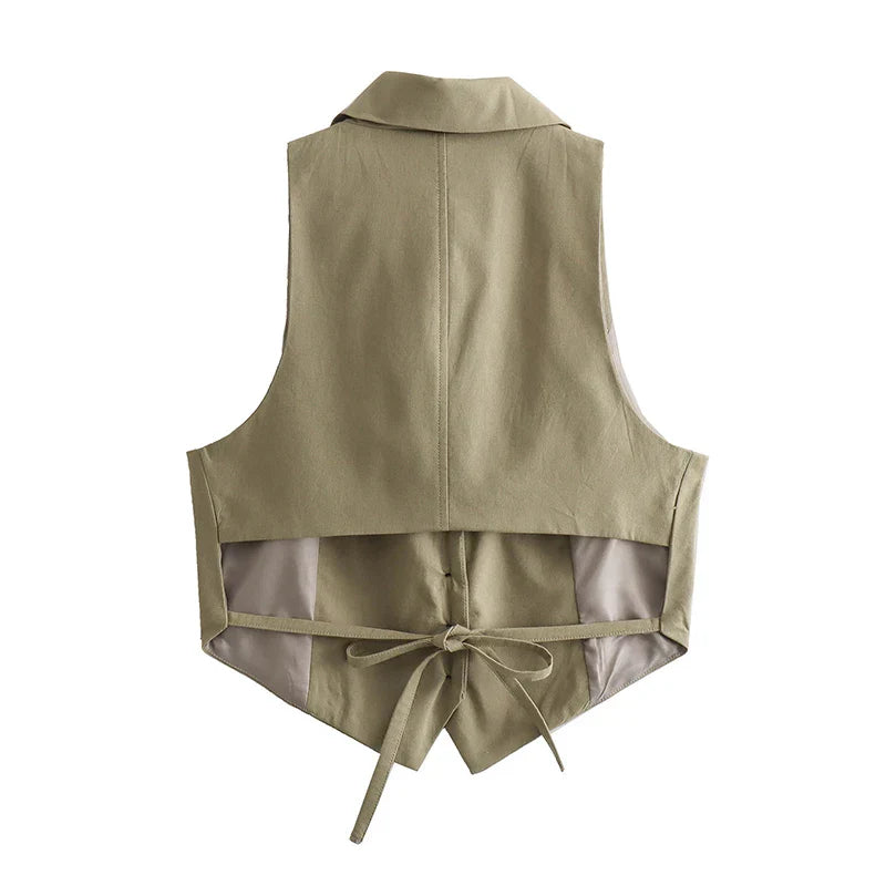 Dam Väst Kort Monokrom Polyester med Vänd Krage-3