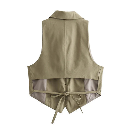 Dam Väst Kort Monokrom Polyester med Vänd Krage-3