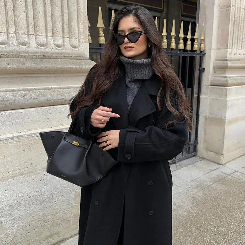 Kvinnors Mantel Dubbla Rader med Knappar och Bälte Högkvalitativt Tyg-2